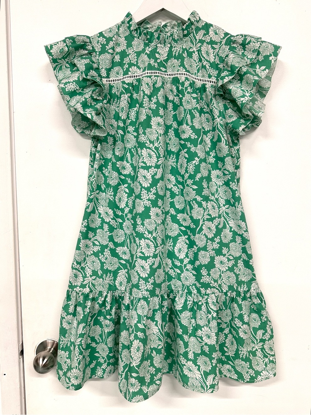 Pinch Green Floral Cotton Dress Medium Ruffle Sleeve Mock Neck Pockets